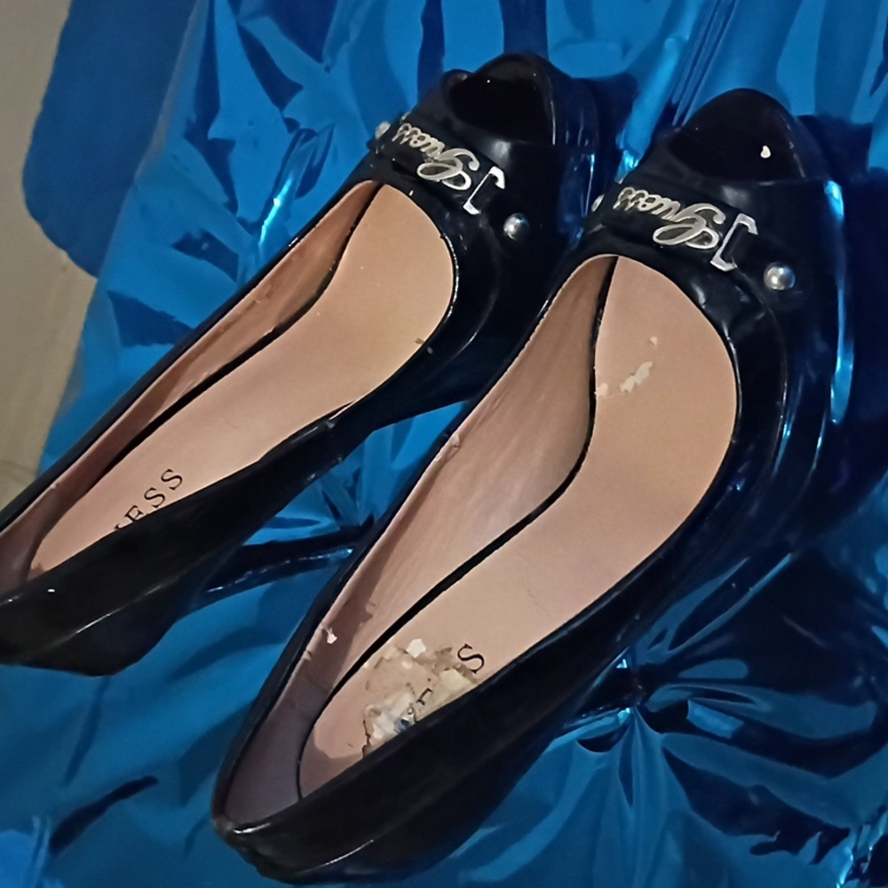 Guess Glossy Black Peep-Toe Heels